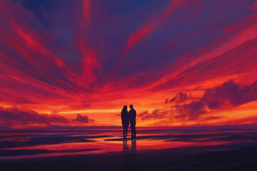 Fototapeta premium Couple enjoys a romantic sunset walk on the beach under vibrant sky hues of orange, pink, and purple
