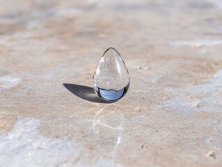 Transparent crystal glass drop on sandy beach