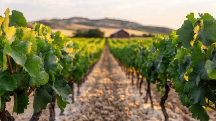 Naklejka premium Scenic vineyard landscape with winding path and distant mountains