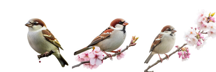  Set of close up cute sparrow bird in warm spring time on cherry blossom tree branch isolated on a transparent background