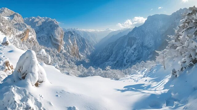 Snow-capped mountains and snow-covered trees