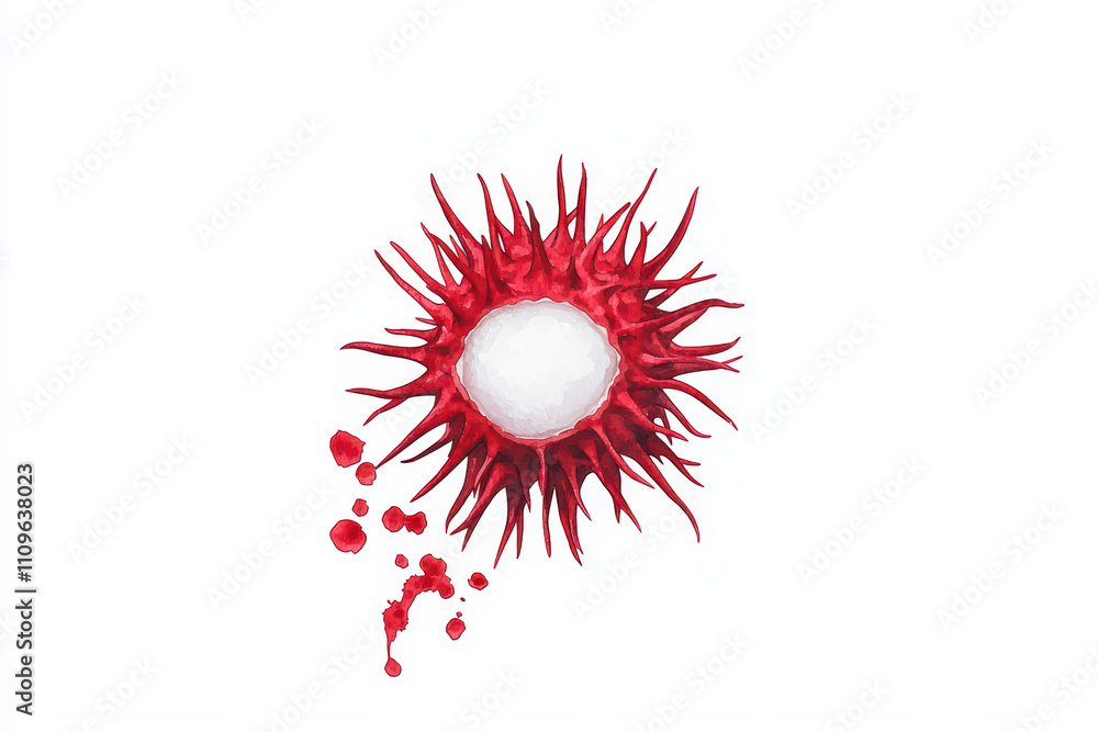 Poster abstract representation of virus or cell with red spikes and droplets. this striking image captures 