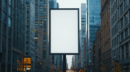 Obraz premium empty billboard stands prominently in urban city street, surrounded by tall buildings and bustling atmosphere. blank space invites creativity and potential advertising opportunities