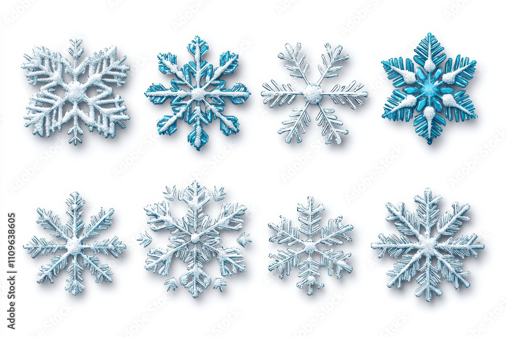 Poster beautiful arrangement of various snowflake shapes and designs, showcasing intricate patterns and mix