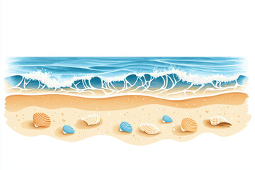 Fototapeta premium Gentle ocean waves wash over sandy beach scattered with colorful shells, creating serene coastal scene