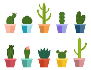 Cactus Flowerpot vector collection. House decorative plant icons.