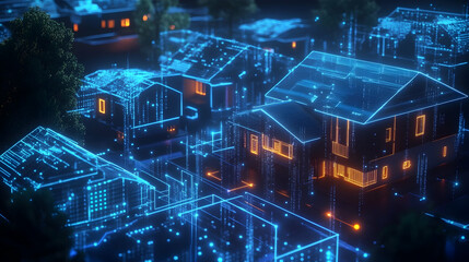 A futuristic residential layout with glowing blue networks connecting homes, symbolizing advanced smart housing.