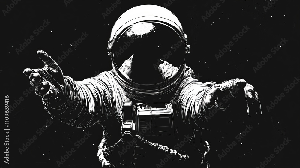 Canvas Prints a monochrome illustration of an astronaut with outstretched hands, floating in space against a starr