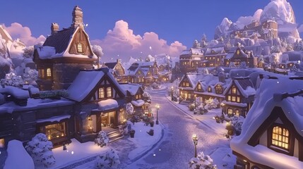 Snowy Village at Dusk with Mountain Range in the Background