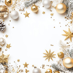Fototapeta premium Gold and silver ornaments create a festive border for holiday celebrations during winter festivities