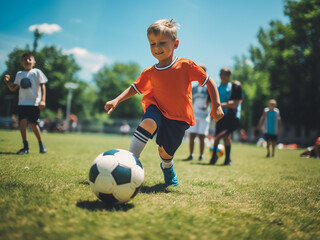 Obraz premium Young boys compete in a soccer match on a sunny summer day at a kids tournament