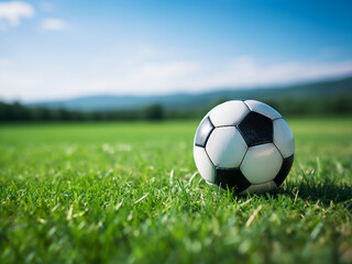 Fototapeta premium Football resting on a green field for a sports game