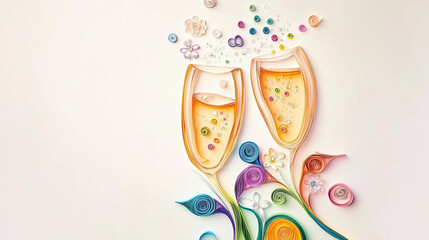 Quilling wedding card with champagne glasses surrounded by colorful flowers and sparkles