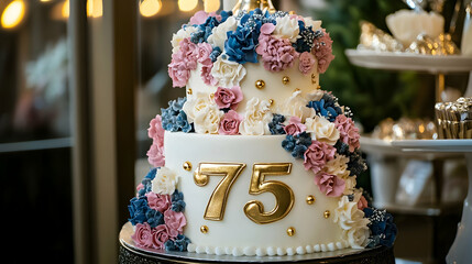 A luxurious two-tiered white cake adorned with blue, blush, and white flowers, a golden number 75 topper, and intricate floral patterns.