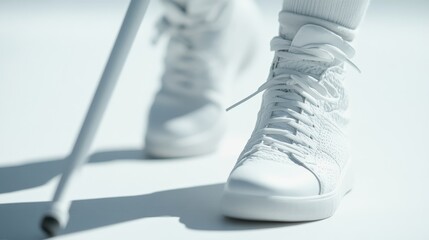 Close-up of a person's white sneaker and a white cane on a minimalistic background