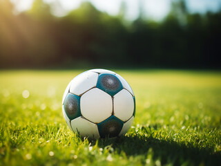 Obraz premium Soccer ball resting on the green grass field