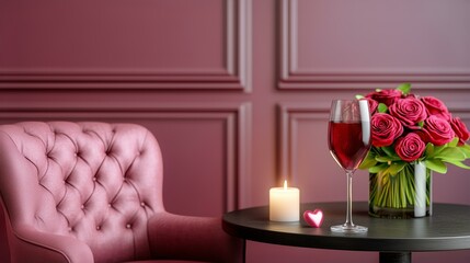 Romantic setting with red wine, roses, and candlelit ambiance for valentine's day