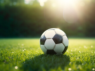 Fototapeta premium Close-up of a soccer ball on the grass field with a 3D render effect