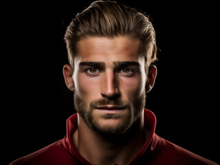 Fototapeta premium Handsome soccer player running towards the goal isolated on a black background