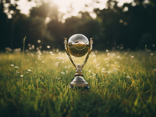 A golden soccer cup placed next to a ball on a grassy field