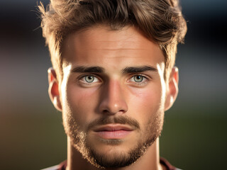 Fototapeta premium A handsome young football player in a dynamic action shot on the field