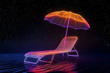 A glowing neon wireframe beach chair and umbrella illuminated under a starry night sky on a black background.