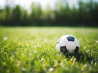 Fototapeta premium A soccer ball resting on a green field with a goalpost in the background