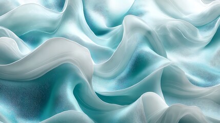 Obraz premium Ethereal layers of translucent smoke in shades of cyan and pearlescent white, forming a delicate wave-like pattern over a subtly textured metallic sheen canvas.