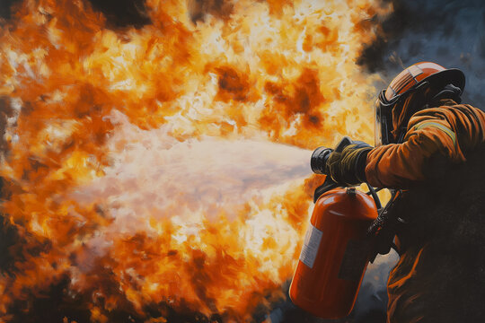 Feuerwehrmann beim L&ouml;schen eines Feuers mit einem Feuerl&ouml;scher

