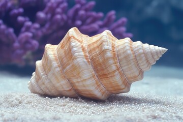 Seashell on sandy beach with purple clouds