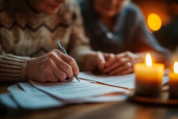Senior adults reviewing and signing legal documents together in cozy home environment illuminated by warm candlelight on a winter evening