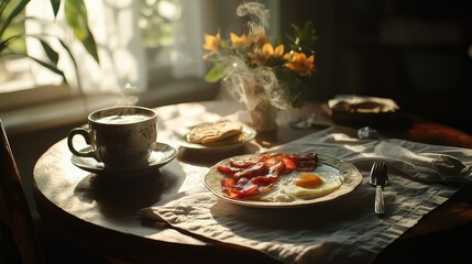 A Cozy Morning Breakfast Scene Featuring Sizzling Bacon, Fresh Eggs, Steaming Coffee, and Beautiful Flowers on a Sunlit Table with Warm Ambiance