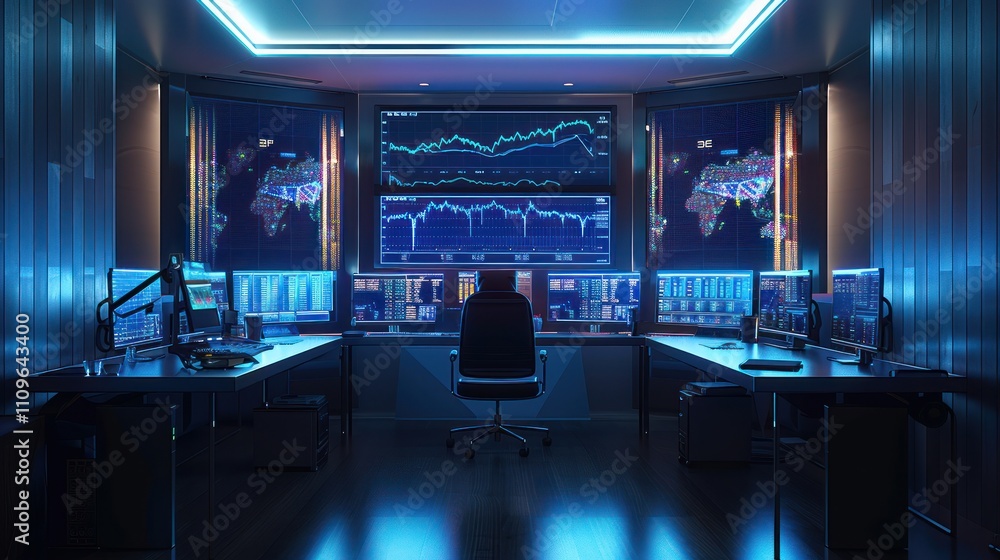 Aufkleber futuristic trading room with multiple screens displaying financial data.