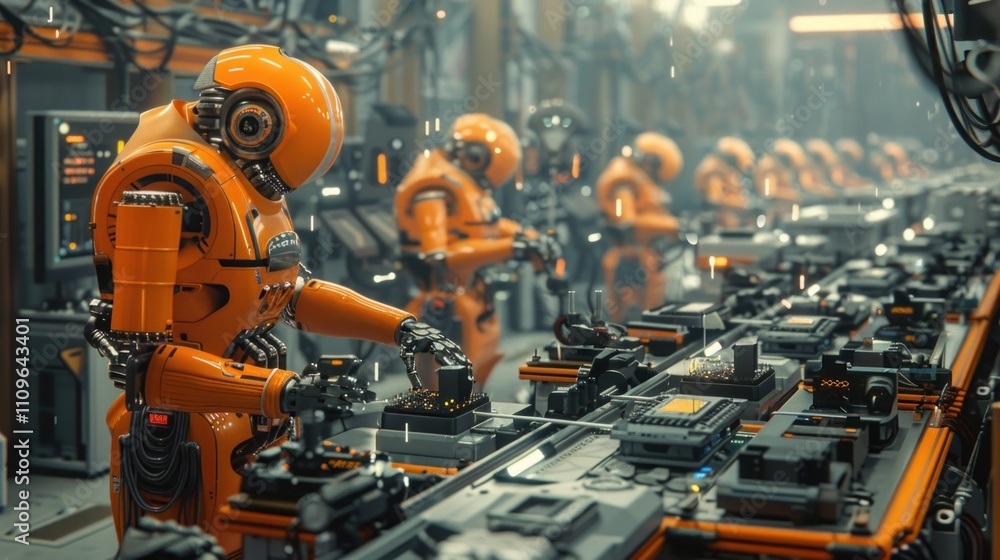 Poster orange robots on futuristic assembly line.