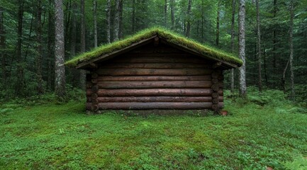 Rustic log cabin in lush green forest