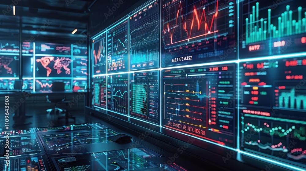 Aufkleber futuristic control room with large screens displaying financial data and world map.