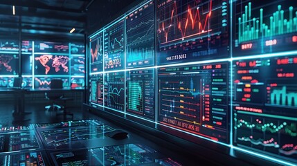 Obraz premium Futuristic control room with large screens displaying financial data and world map.