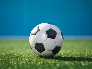 Fototapeta premium Miniature soccer ball on artificial turf with football goals in the background