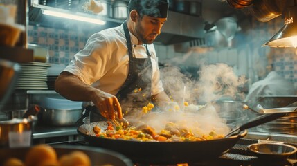Chef cooking paella in a busy restaurant kitchen.