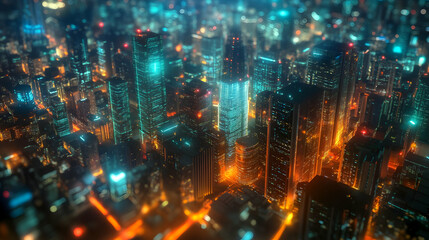 Fototapeta premium A blurred cityscape at night with glowing teal and orange lights, symbolizing the vibrant and bustling energy of urban life.