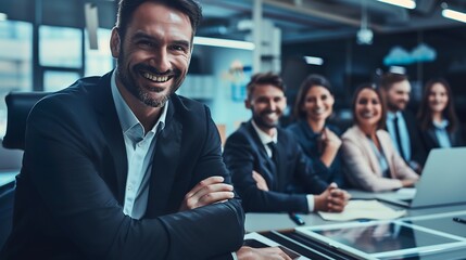 Smiling businessman leading training session group of business associate hightech learning environment image represents importance of skill development continuous learning maintaining competitive edge