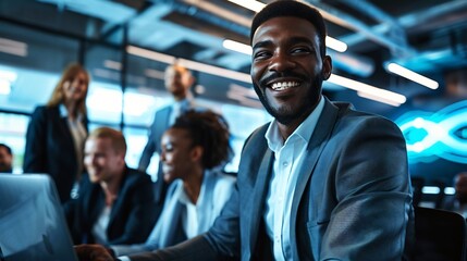 Smiling businessman leading training session group of business associate hightech learning environment image represents importance of skill development continuous learning maintaining competitive edge