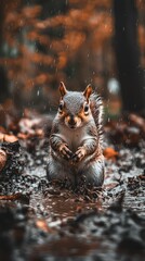Fototapeta premium Small Squirrel in Rainy Forest Setting Amidst Colorful Autumn Leaves, Captivating Wildlife Photography Focused on Nature's Beauty and Detail
