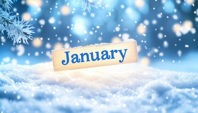 January calligraphy inscription with winter snow and snowflakes blurred background Jan month 