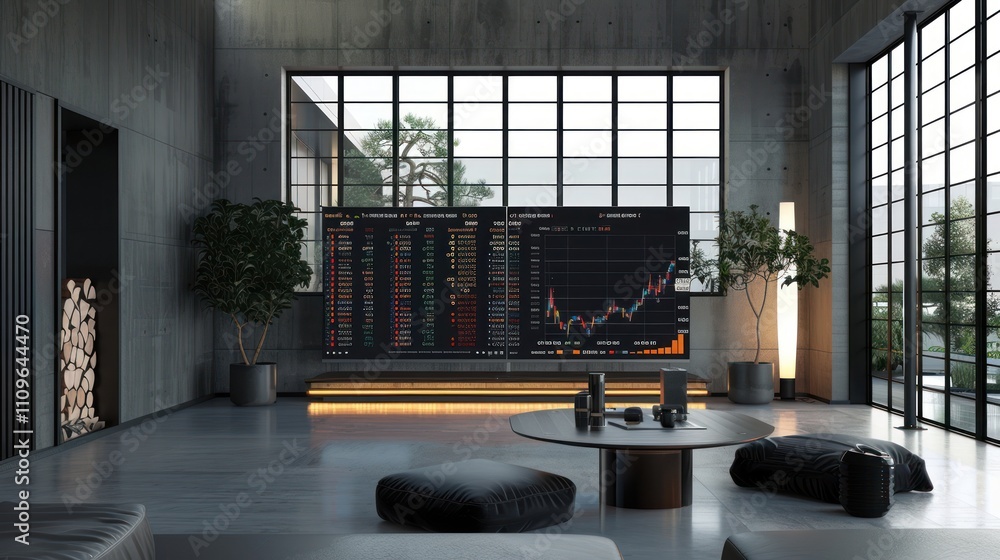 Poster modern loft apartment with large screen displaying stock market data.