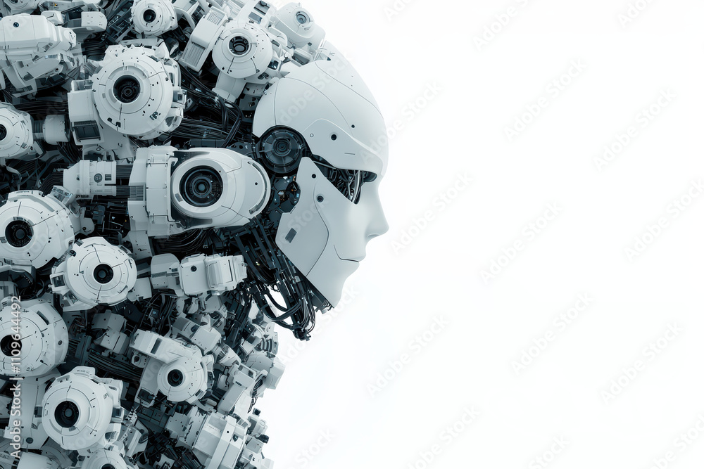 Poster futuristic robot head with intricate design, showcasing advanced technology and mechanical features.