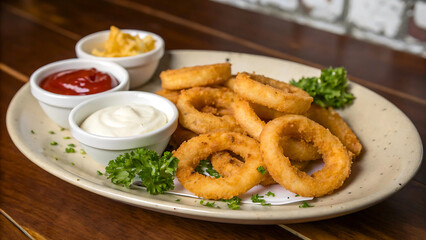 Fototapeta premium Golden Fried Onion Rings with Dipping Sauces