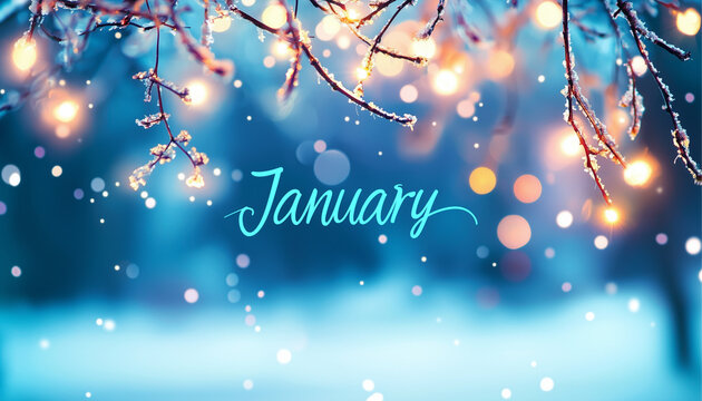 January calligraphy inscription with winter snow and snowflakes blurred background Jan month