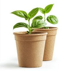 Fresh Green Plants in Eco-Friendly Pots on a White Background