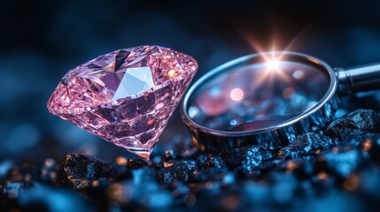 Fototapeta premium A radiant pink diamond rests on dark stones with a magnifying glass nearby, capturing dazzling reflections in a serene setting